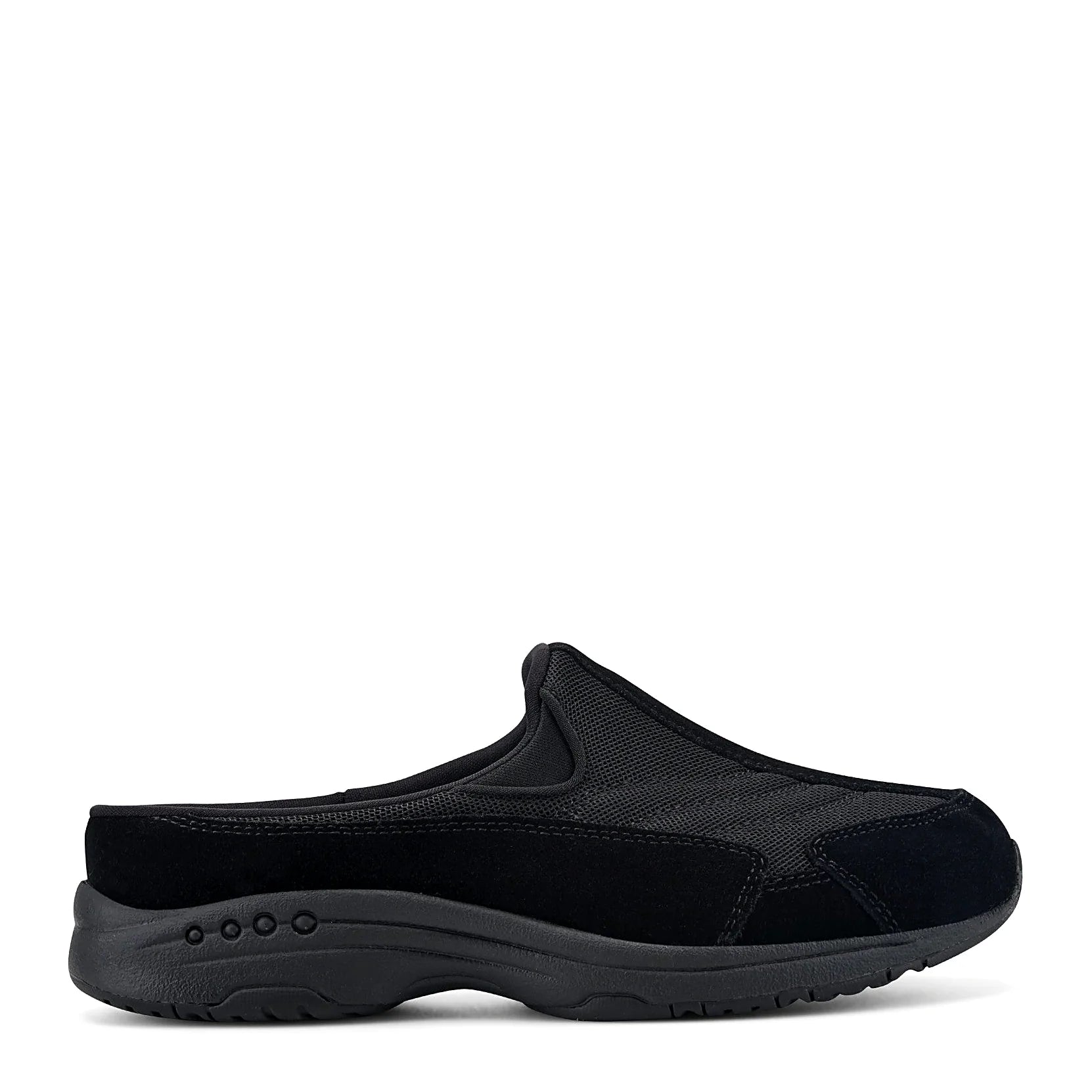 Slip-on clog with suede overlays framing a textured panel