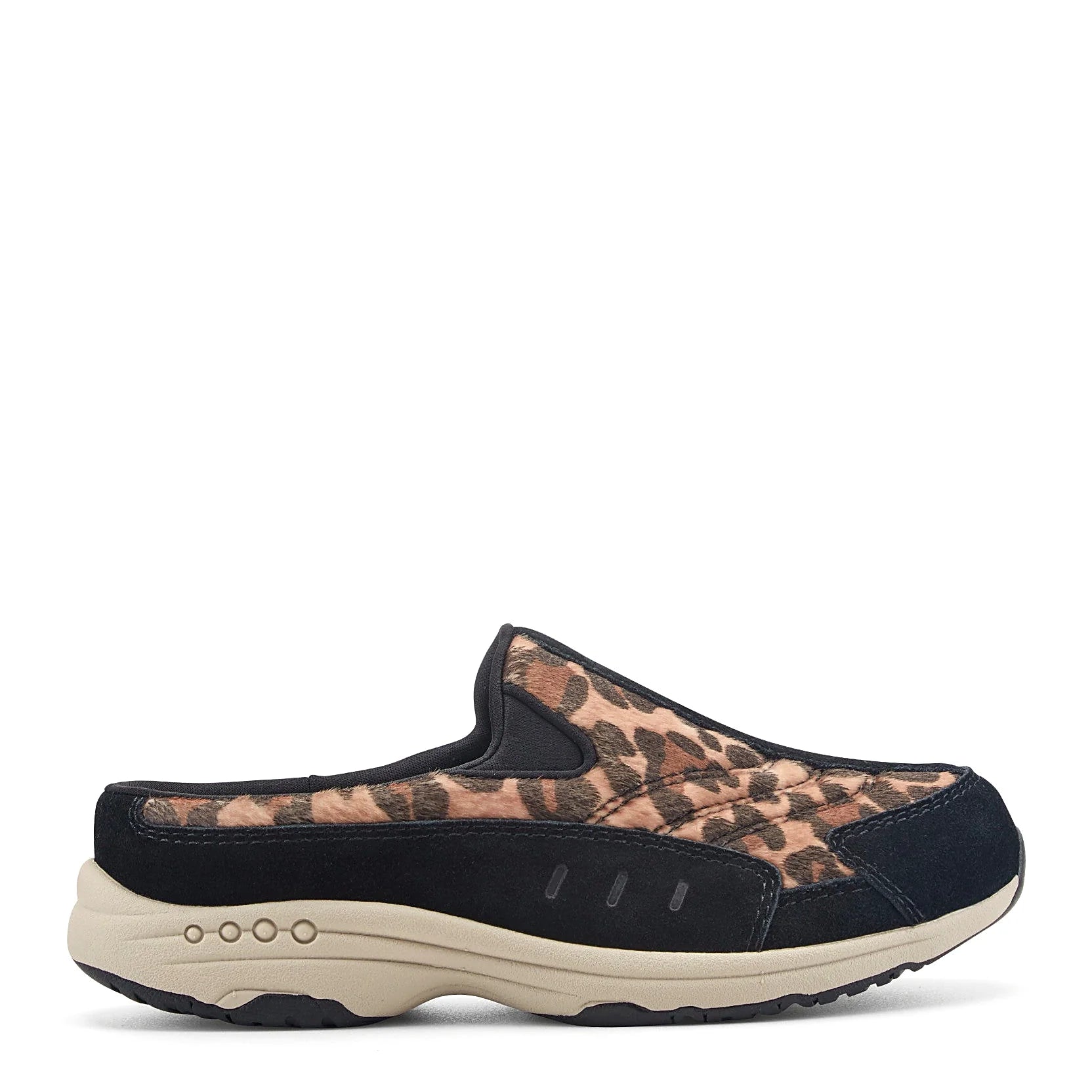 Slip-on clog with suede overlays framing a textured panel