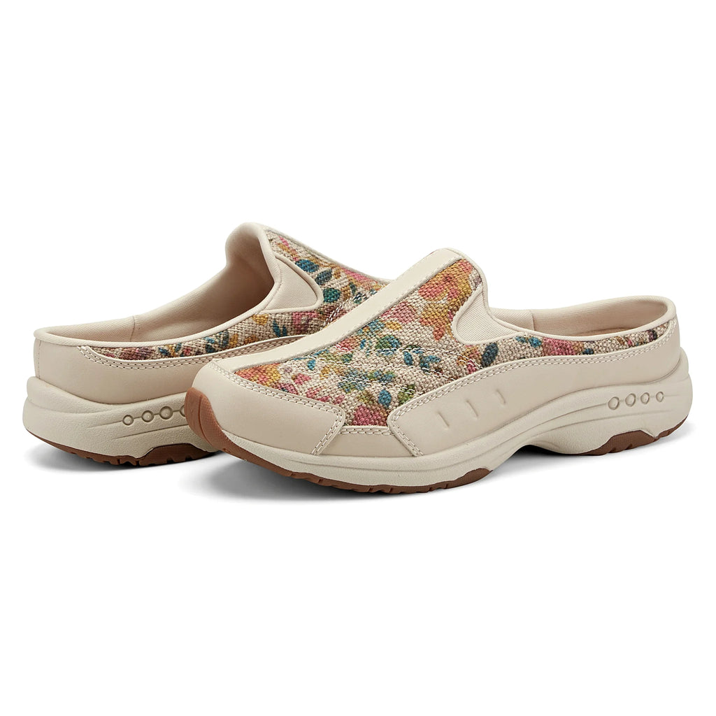Slip-on clog with suede overlays framing a textured panel