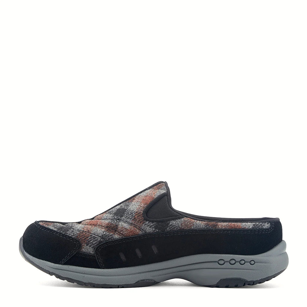 Slip-on clog with suede overlays framing a textured panel