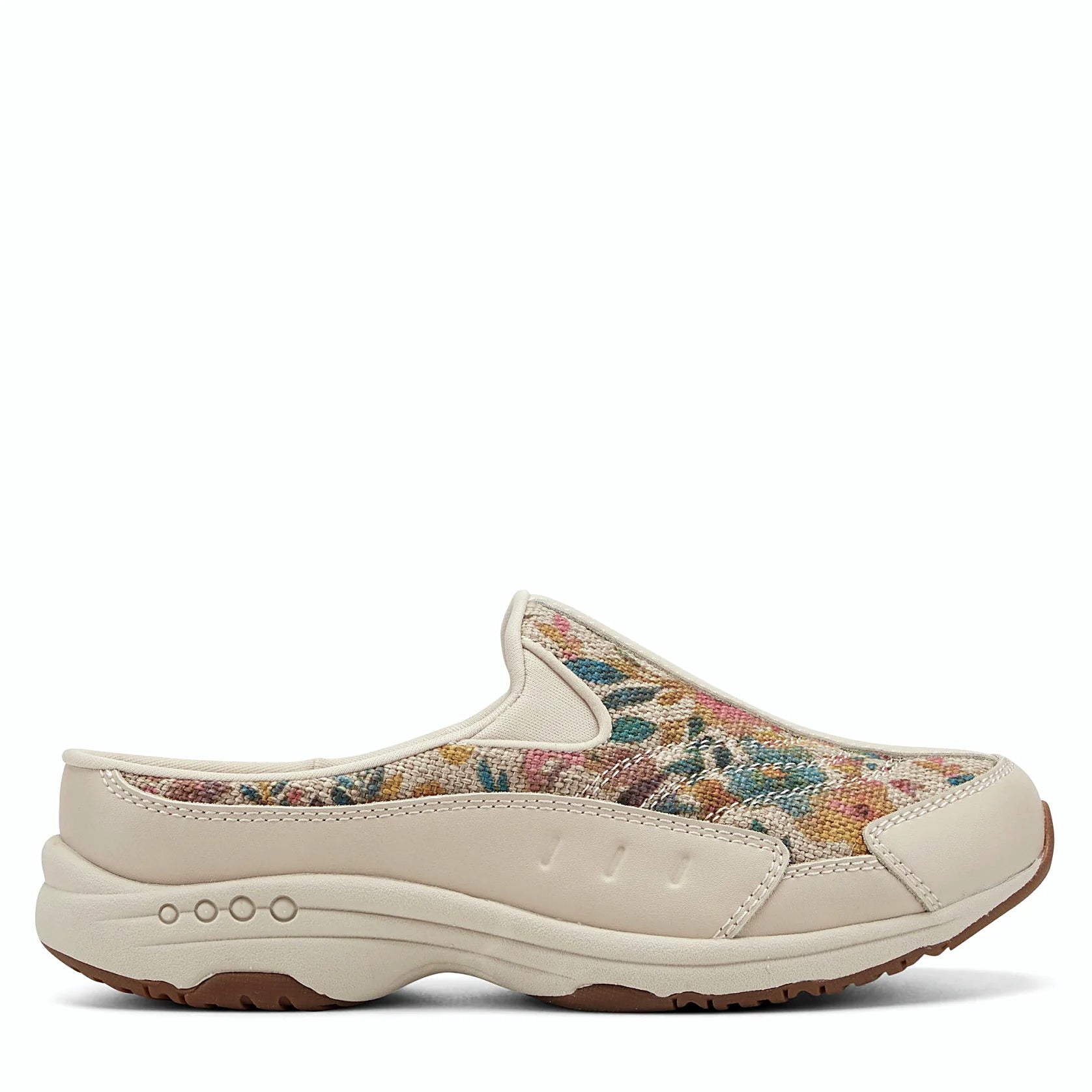 Slip-on clog with suede overlays framing a textured panel