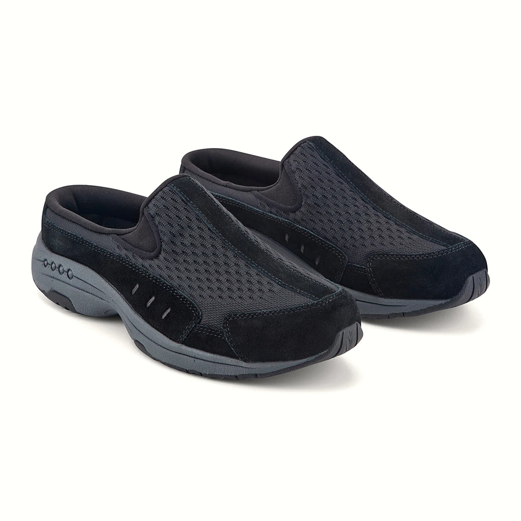 Molded footbed inside a suede-overlay clog