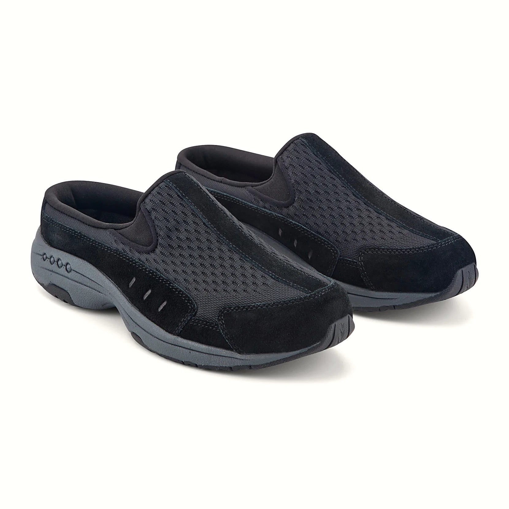 Molded footbed inside a suede-overlay clog