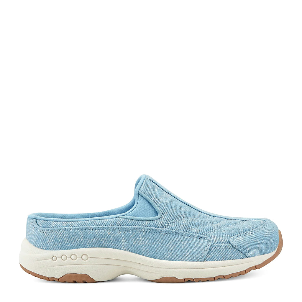 Slip-on clog with suede overlays framing a textured panel