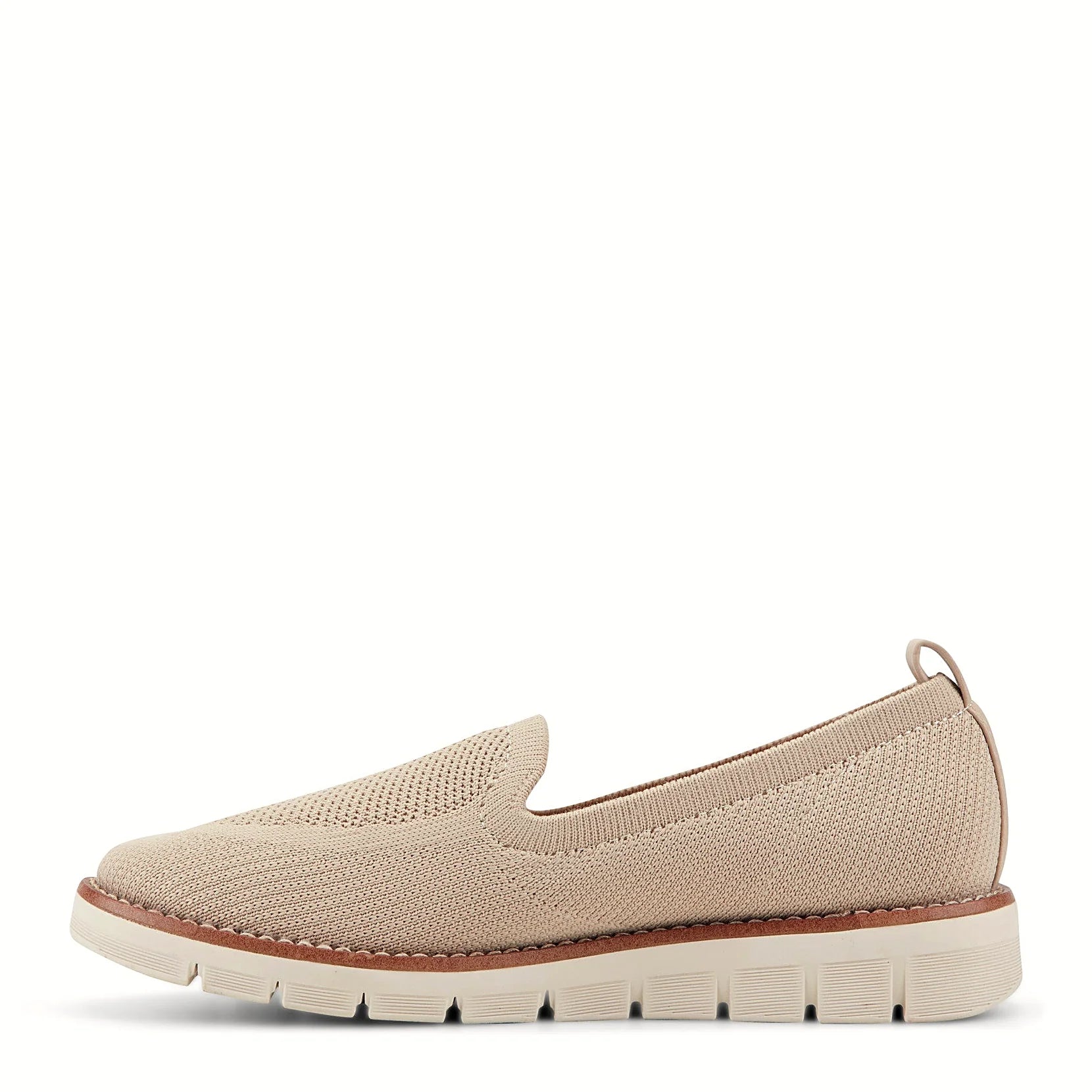 Contrast-stitched trim along the sole of a knit flat