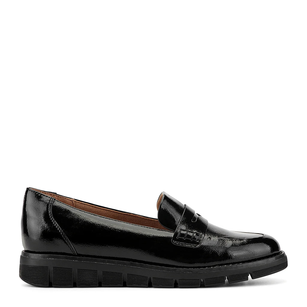 Smooth penny loafer with a strap across the vamp