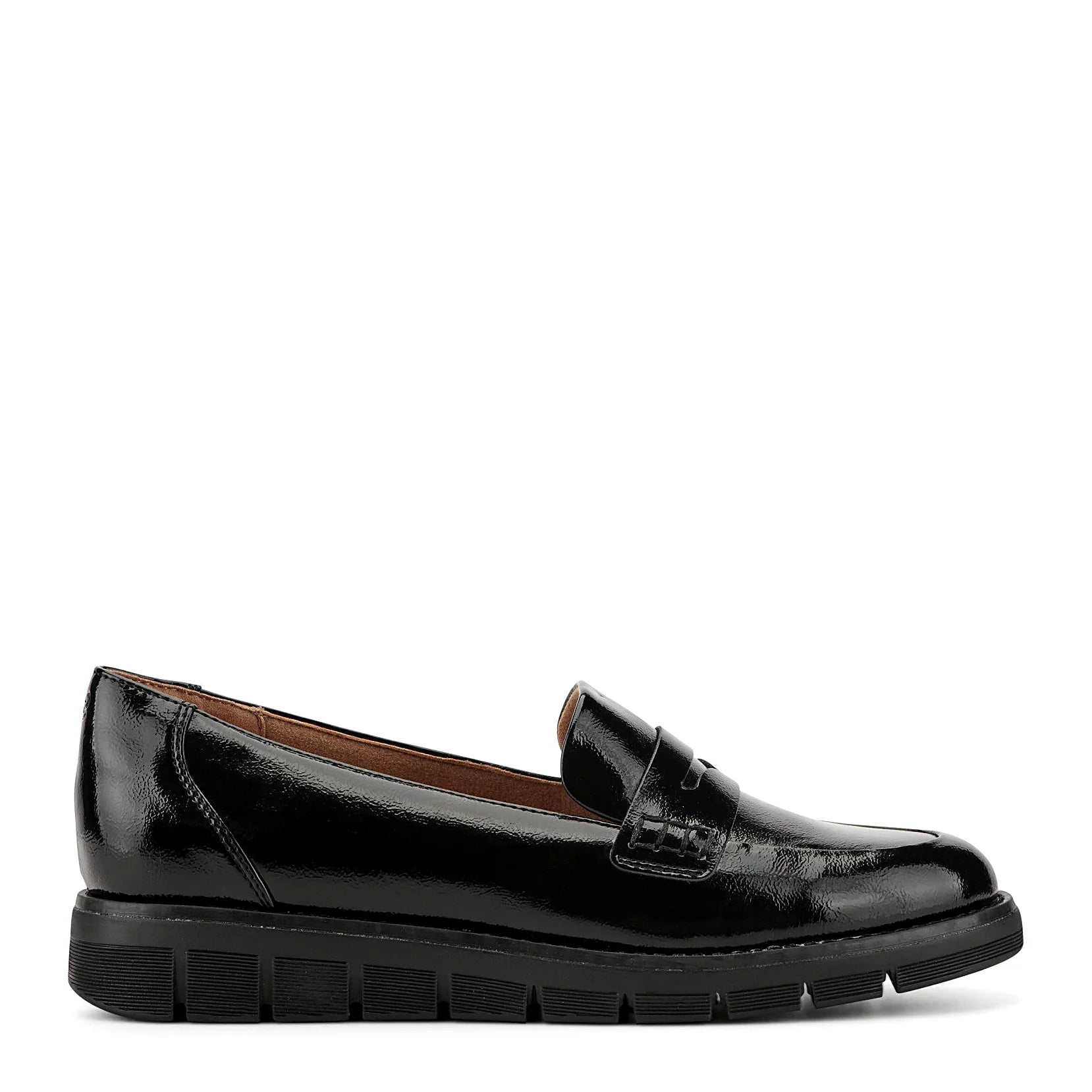 Smooth penny loafer with a strap across the vamp
