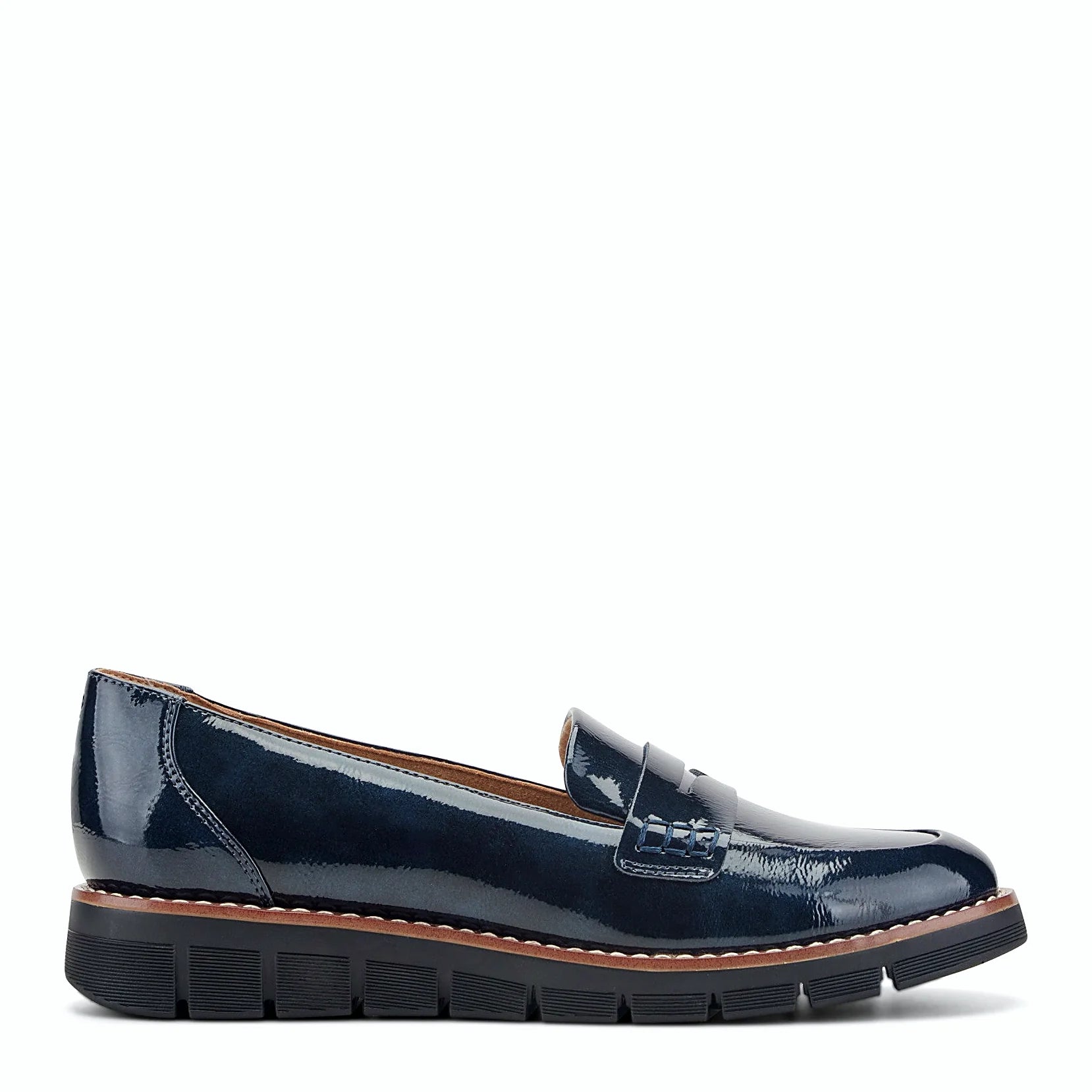 Smooth penny loafer with a strap across the vamp