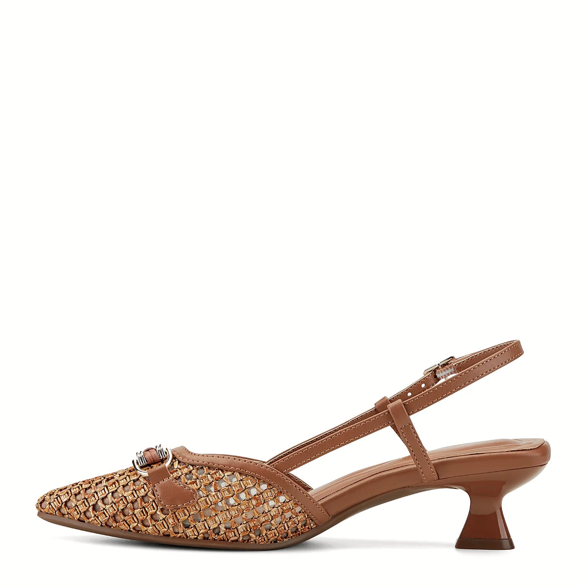 Adjustable ankle buckle on a slingback pump