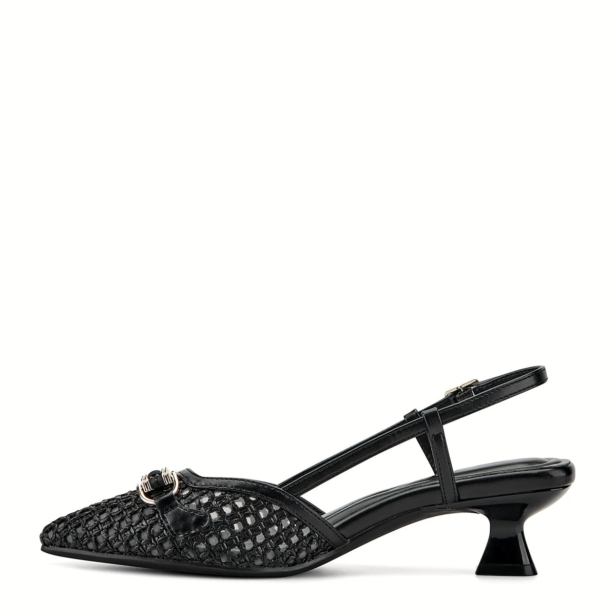 Adjustable ankle buckle on a slingback pump