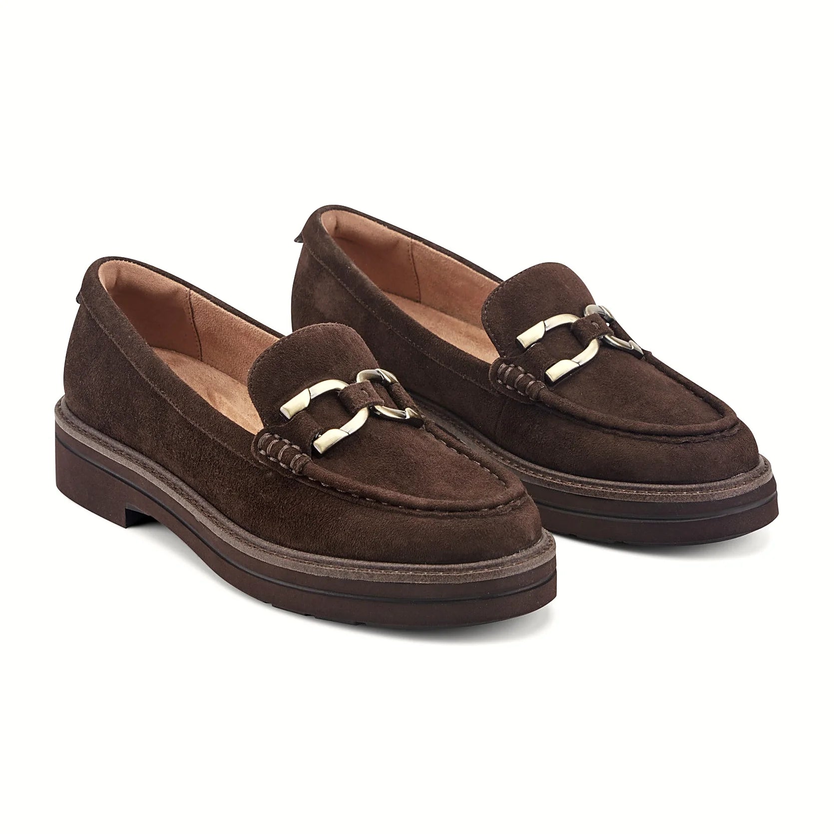 Contrast topstitching along the moc-toe seam of a suede loafer
