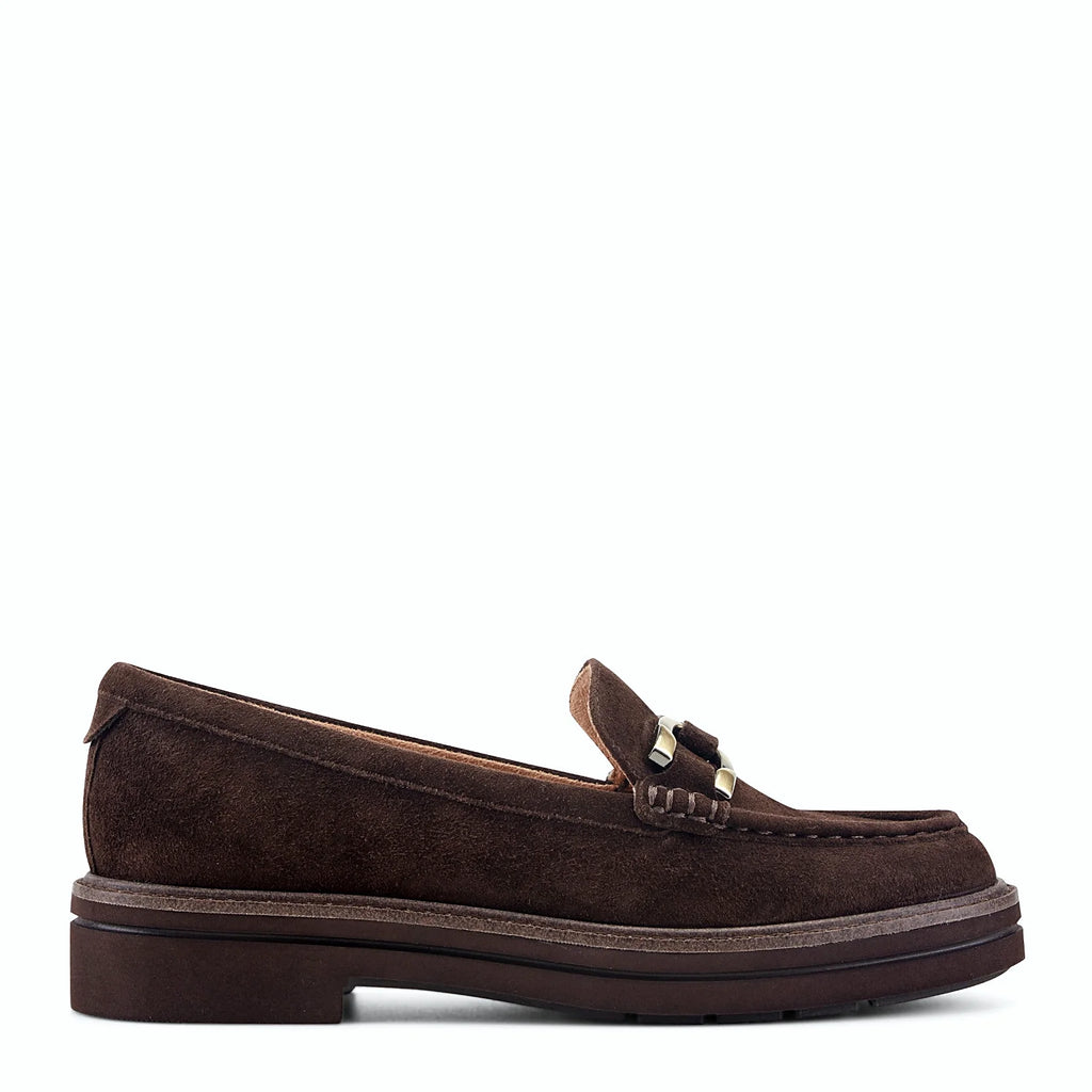 Suede loafer with a horsebit detail across the vamp