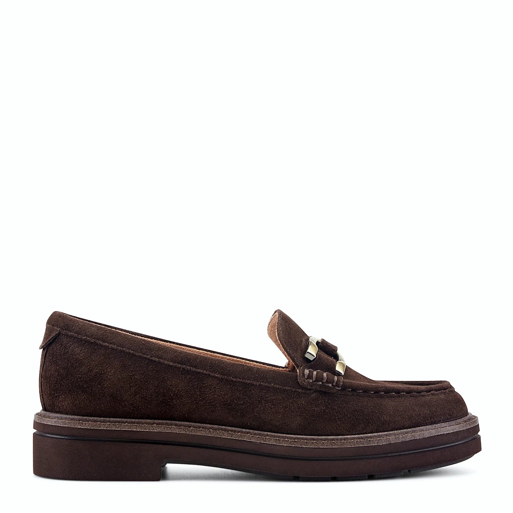 Suede loafer with a horsebit detail across the vamp