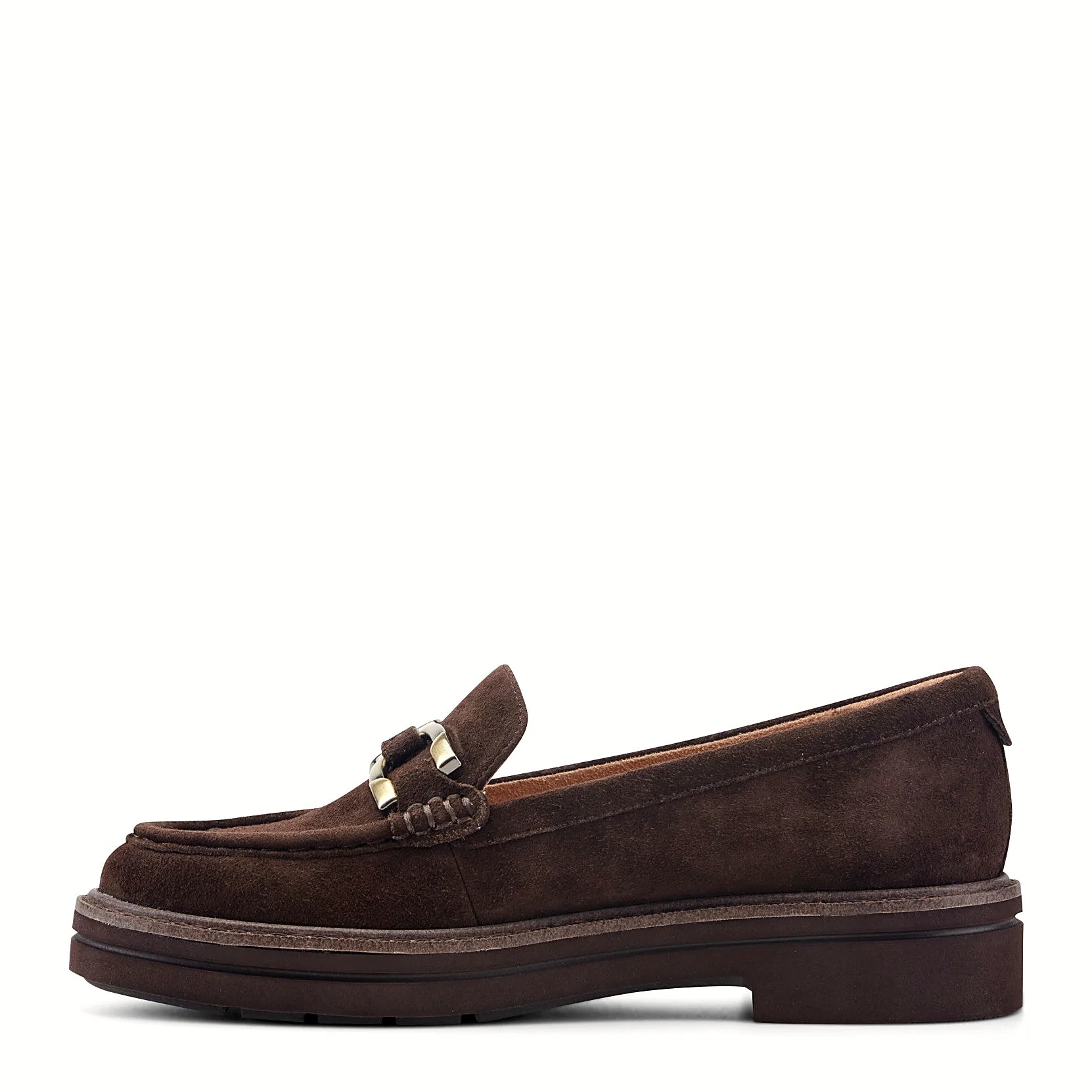 Round toe shape on a suede horsebit loafer